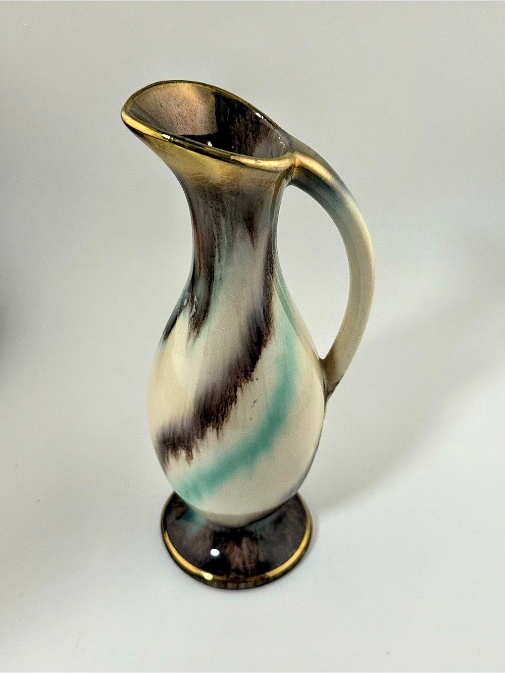 Vintage Mid Century Modern West Germany Pottery Ewer Pitcher Vase 7" Aqua Gold